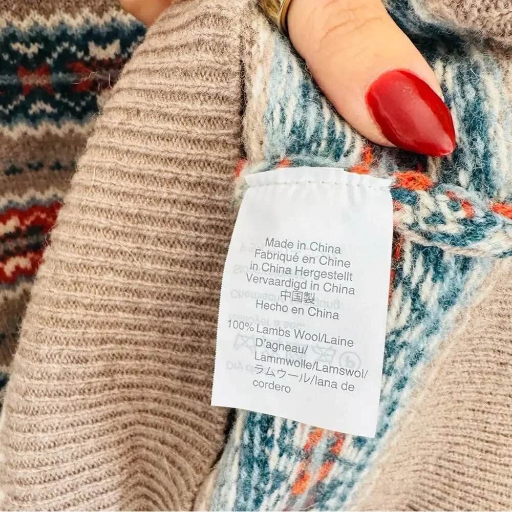 MENS J CREW Beige Tan Blue Fair Isle Wool Stripe Crew $228 Pullover Sweater S